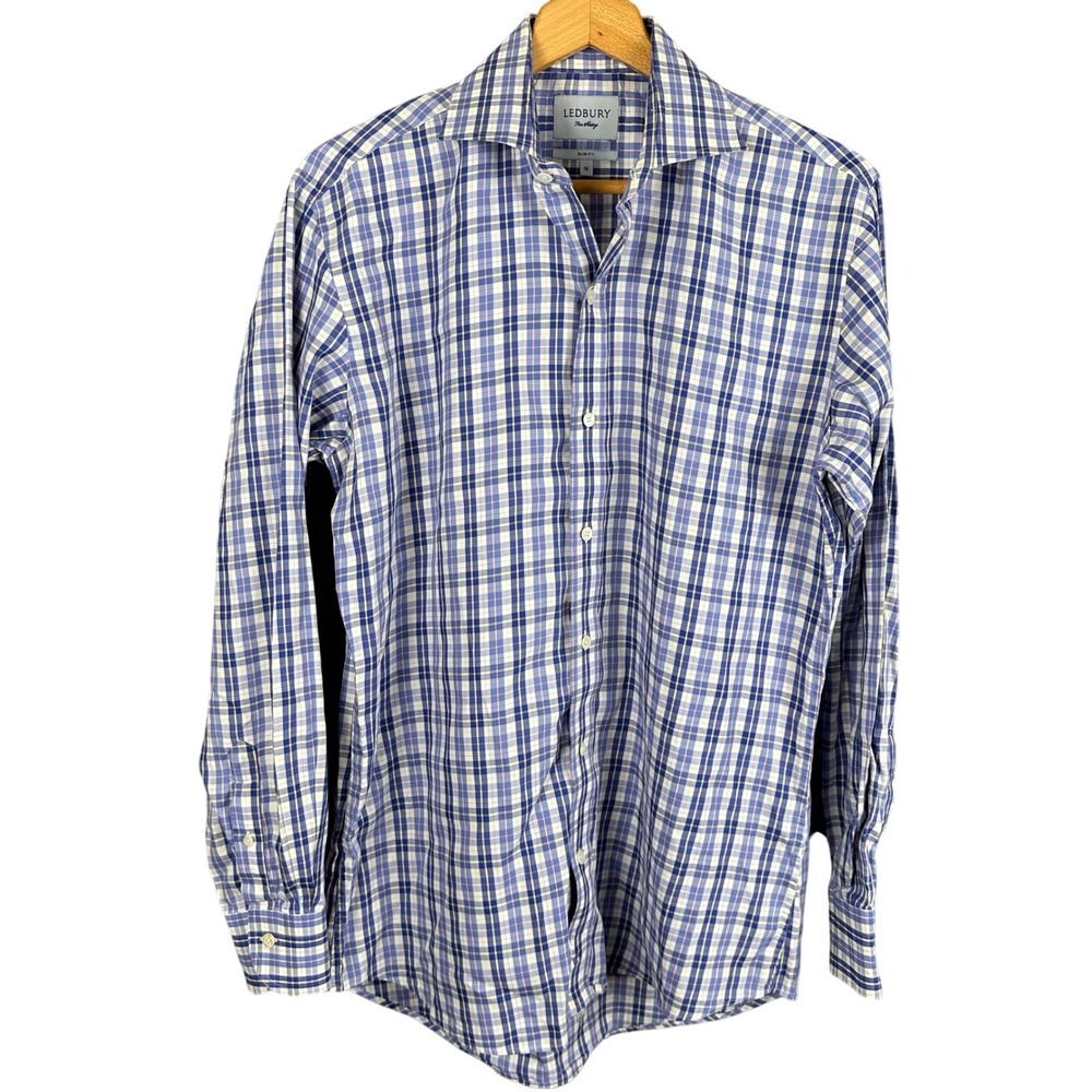 Ledbury Slim Fit Blue Plaid Long Sleeve Button Down Shirt Mens 16 Spread Collar